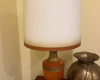 $120. Orange base lamp with coordinating shade 38 inches high. Available for online purchase per the instructions on the sale details page, pickup is during in-person shopping hours.