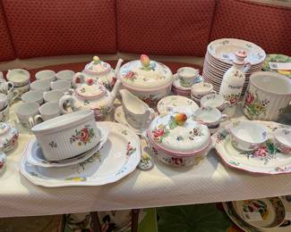 Overview of large collection of Spode Marlborough Sprays chinas.  Available during in person shopping Friday and Saturday.