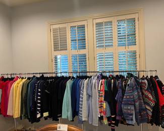 Sweaters, sweaters, sweaters!  Wool, Cashmere and more!  For sale during in person shopping on Friday and Saturday