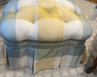 $140. Blue yellow and cream plaid tufted ottoman. As found. 30 in.² by 18 inches high. Available for online purchase per the instructions on the sale details page, pickup is during in-person shopping hours.