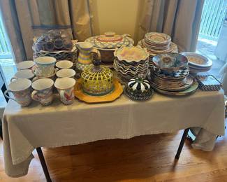 Mackenzie Childs available for purchase during in-person shopping on Friday and Saturday.   Porcelain pieces priced per plate or bowl or cup.  Enamel is sold in sets.