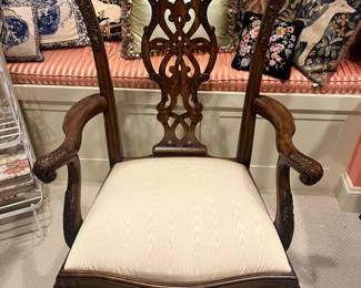 $340. Maitland-Smith carved wood chair with upholstered seat.  36 inches wide by 20 inches deep by 40 inches high.  Available for online purchase per the instructions on the sale details page, pickup is during in-person shopping hours.