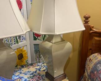 $280 .  ceramic based lamps, a pale celadon color. 35 inches high. Available for online purchase per the instructions on the sale details page, pickup is during in-person shopping hours.