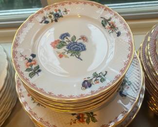 $590. Bernardaud "Vieux Rouen" china set.  Set includes 8 dinner, 8 salads, 8 bread & butter and 8 cups and saucers.  Inspired by an 18th century faience.