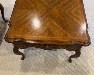 $240  Drexel side tables each with one drawer. 26 in.² by 21 inches high. Available for online purchase per the instructions on the sale details page, pickup is during in-person shopping hours.