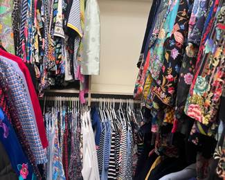 Designer and branded clothing available for purchase during in-person shopping on Friday and Saturday.  Sizes range from medium to xl