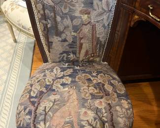   $390. Beautiful needlepoint chair with in Lade wood detailing on the frame. 18 inches wide by 18.5 inches deep by 33.5 inches high. Seat height is 17 inches. Available for online purchase per the instructions on the sale details page, pickup is during in-person shopping hours.                     