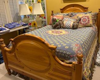 $190. Blonde oak queen bed. No mattress included. 64 inches wide by 86 inches deep. Headboard height is 57.5 inches footboard height is 41 inches.  Available for online purchase per the instructions on the sale details page, pickup is during in-person shopping hours.