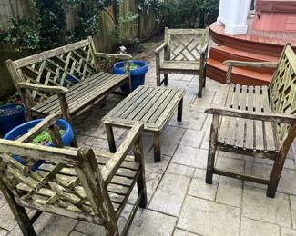 $580 Teak furniture - a good pressure washer and they will be as good as new.  Each bench is 48"w x 22.5" d x34"h.  Each chair is 25"w x 22"d x 32.5"h.  Coffee table is 35.5"w x 22"d x 15"h.  