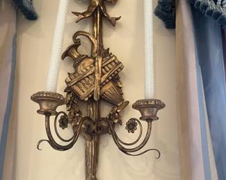 $480  Pair of gold painted candle sconces.  29"h x 12"w x 8"d. Available for online purchase per the instructions on the sale details page, pickup is during in-person shopping hours.
