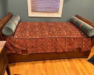 $560. Grange mahogany daybed with a trundle underneath. 83.5 inches wide by 42.25 inches deep by 34 inches high. Available for online purchase per the instructions on the sale details page, pickup is during in-person shopping hours.