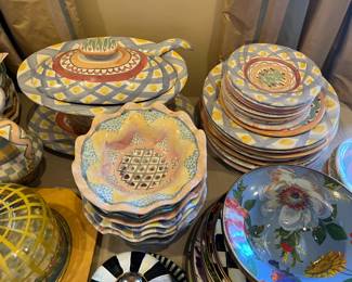 Close ups some of the Mackenzie Childs for sale during in -person shopping hours.  Pieces sold individually.  Enamel plates sold in sets.