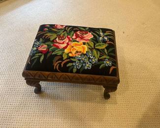 $80. Vintage needlepoint footstool.   Available for online purchase per the instructions on the sale details page, pickup is during in-person shopping hours.