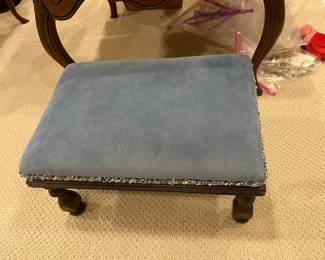 $80. Velvet upholstered footstool.   Available for online purchase per the instructions on the sale details page, pickup is during in-person shopping hours.
