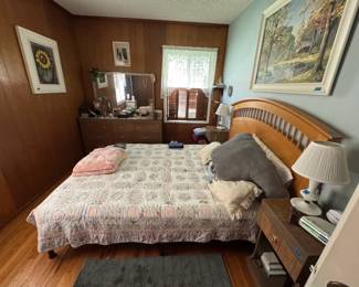 1960's dresser with mirror and 2 nightstands; 2 milk glass lamps; hand-painted artwork