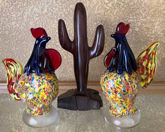 Glass Roosters, Wood Cactus  Small