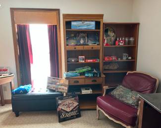 book shelves books, games, misc. french leather chair storage ottoman