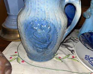 Antique Salt Glaze Blue & White Stoneware 7" Pitcher Beaded Rib Rose Flower Vtg