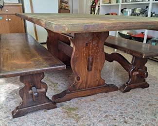 Solid wood trestle dining table and benches