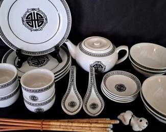 Asian black and white greek key design plates and serving pieces