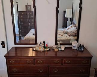 Hickory dresser and two wall mirrors