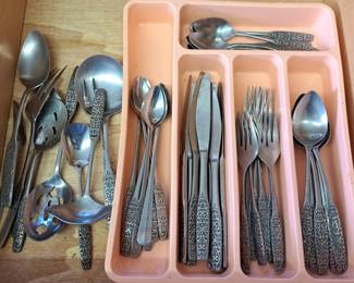 Vintage National Stainless flatware and serving utensils, "Valinda" pattern.
