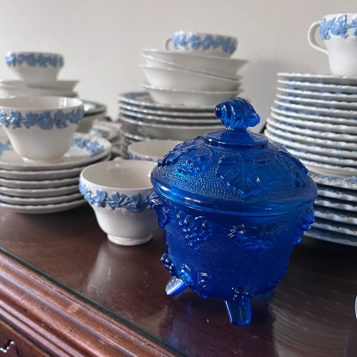 Wedgewood Lavender Queensware set + vintage blue glass container with lid