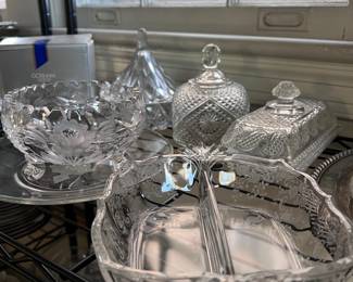 Vintage and more contemporary glass and crystal serving dishes, bowls, platters 