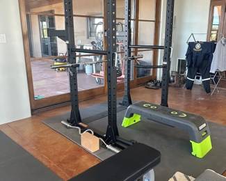 Workout room, which includes a power rack cage, weights, power bars, resistance bands, kettlebells, dumbbells, a treadmill, benches, and essential stretching equipment.