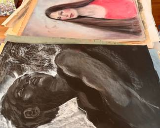 Hundreds of paintings, mostly unframed, for sale