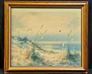 Framed Beach Scene Oil on Canvas
