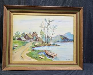 Village Lake Scene Oil on Canvas by Ruby Wester