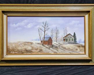 Vtg "Winter Farm" Oil on Canvas by Jo. Tucker

