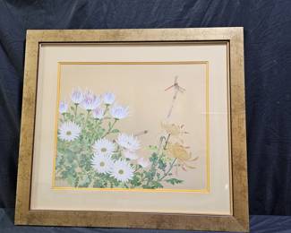 VTG Framed Floral & Dragonfly Painted Silk