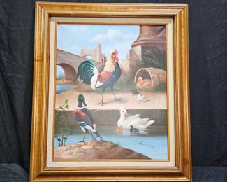 Framed Oil on Canvas Rooster & Ducks by Allen Juno
