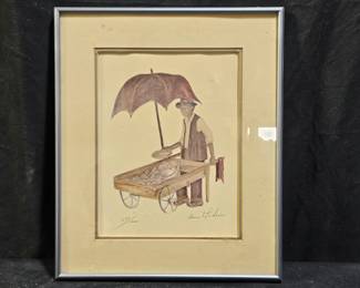 "Sultan the Shrimp & Fish Vendor" Water Color Litho