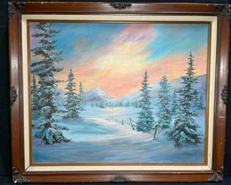 Framed Winter Landscape Oil Painting signed Isobel
