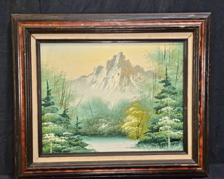 Vtg Signed Mountain Lake Oil Painting