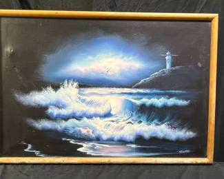 Framed Lighthouse At Night by Newman Oil on Canvas