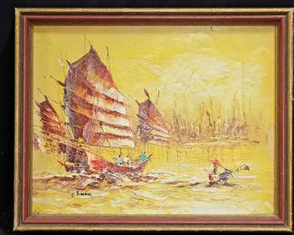 Framed Oil on Canvas "Junk" by Y. Kwok