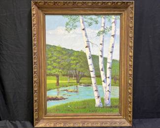 River with Birch Trees Oil on Canvas by M.Mortgon