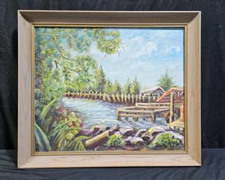 Oil on Canvas Wharf Scene by J. Hoagland