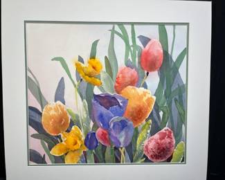 Floral Watercolor Mixed Media Matted Painting