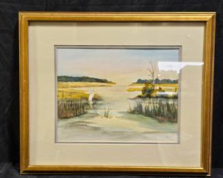 Framed Egret Watercolor by Tish 2002