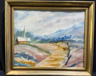 Framed Watercolor Church Landscape L.E. Lancanster