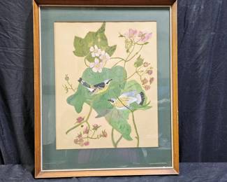 Framed Flowering Tree Birds Painting