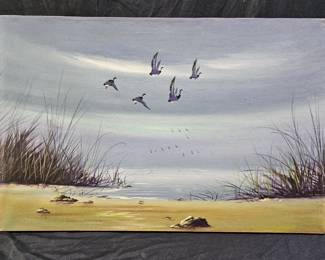 Oil on Canvas Ocean Geese Signed Park