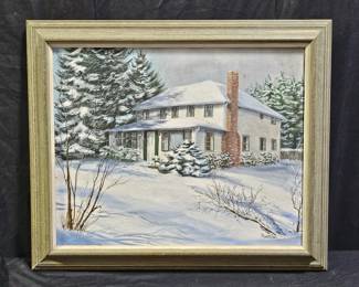 Framed Winter House Acrylic on Canvas