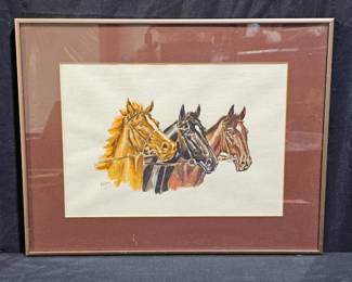 Framed Watercolor Equestrian Painting by Jeffrey