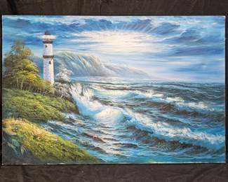 Lighthouse Seascape Oil on Canvas Painting